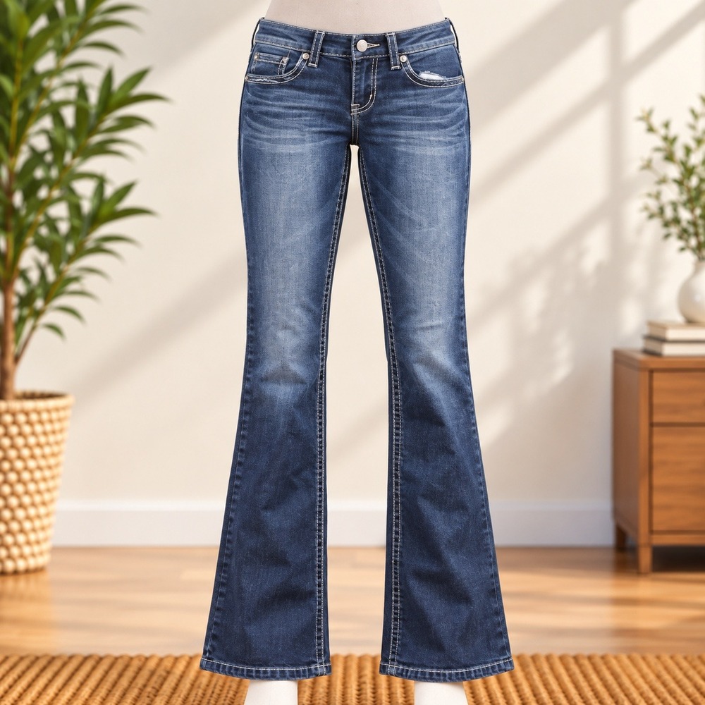 Mudd Flare Leg Jeans Juniors Size 7 Blue Dark Wash Stretch Thick Stitching